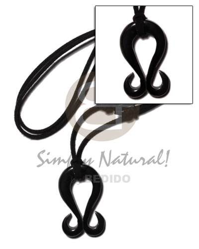 40mm black celtic carabao horn double hook on adjustable leather thong - Adjustable Necklace