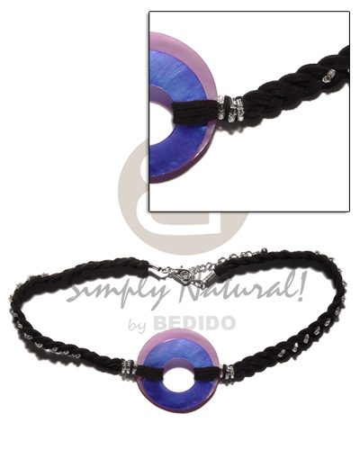 black macrame choker  2 round 40mm & 30mm blue & pink hammershell - Adjustable Necklace