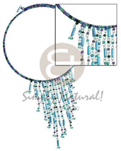 dangling blue tones glass beads in choker wire & metal looping - Adjustable Necklace