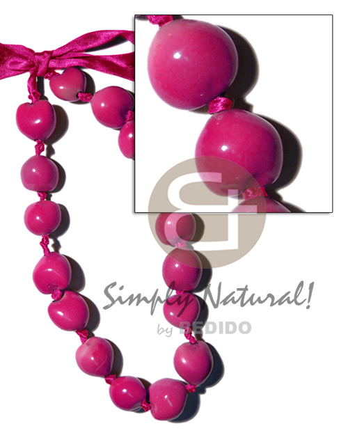 painted graduated bright pink kukui nuts   ( 16 pcs. )  / adjustable ribbon - Adjustable Necklace