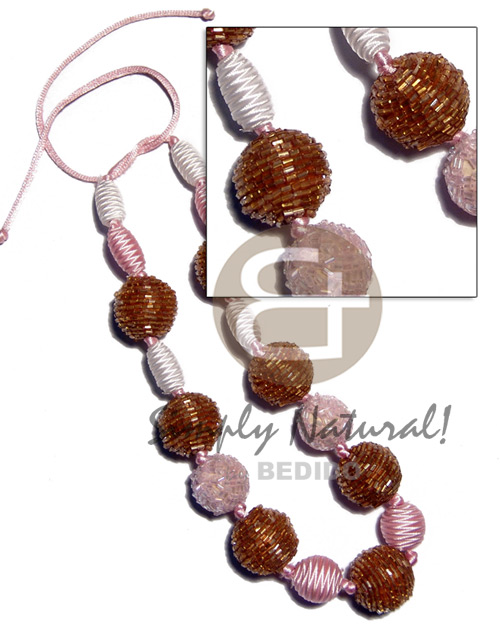capsule wrapped wood beads  20mm round wrapped wood beads in cut glass combination in light pink satin cord / 36in adjustable - Adjustable Necklace