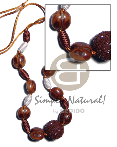 capsule wrapped wood beads  rubber seed, 20mm round wrapped wood beads in cut glass combination in golden satin cord / 36in adjustable - Adjustable Necklace