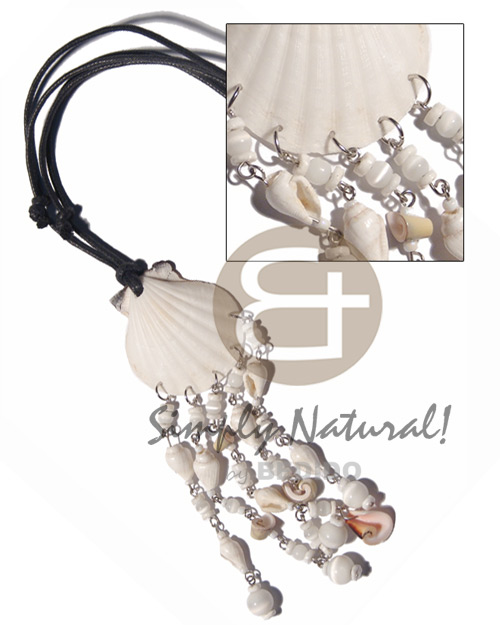 white limpet shell  dangling shells- nassa,white clam etc.. in adjustable wax cord / 3.5in tassles - Adjustable Necklace