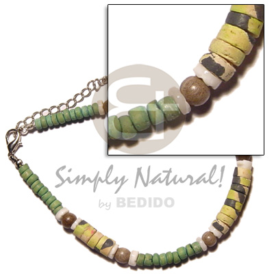 green  4-5mm coco Pokalet./white clam heishe/wood bead and yellow coco splashing 4-5mm coco heishe - Anklets
