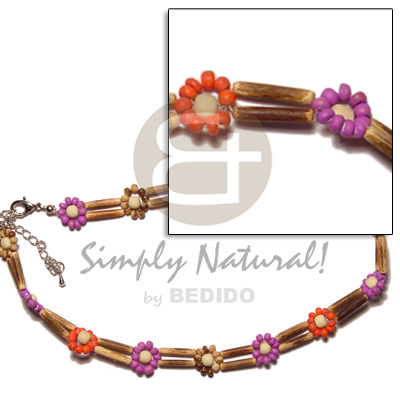 2 rows sig-id wood tube  lavender/red/tiger  2-3mm coco pokalet flower - Anklets