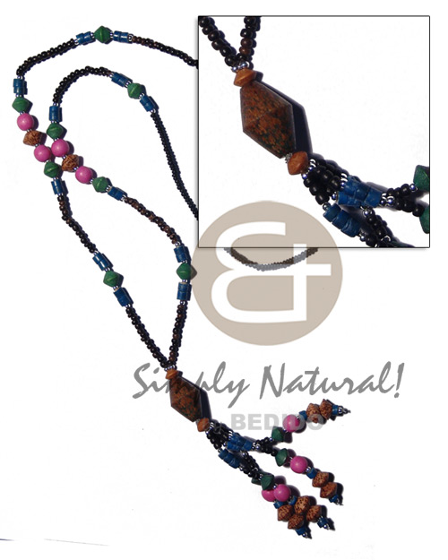 2-3mm nat. black coco Pokalet.  tassled colored wood & palmwood beads  /30 in. - Bamboo Necklace