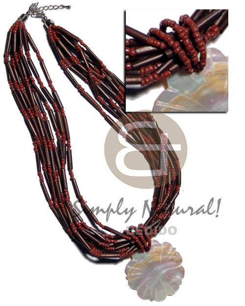 8 rows dark brown agsam bamboo  red glass beads combination and 45mm flower kabibe pendant - Bamboo Necklace