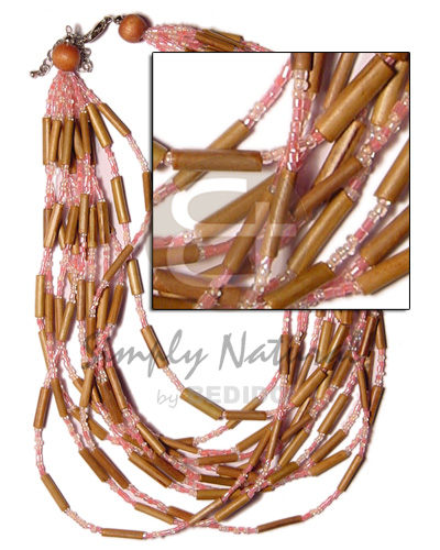 12 layer bamboo tube  old rose glass beads and wood beads - Bamboo Necklace
