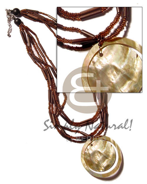5 rows eureka bamboo  glass beads & 50mm round brownlip & ring - Bamboo Necklace