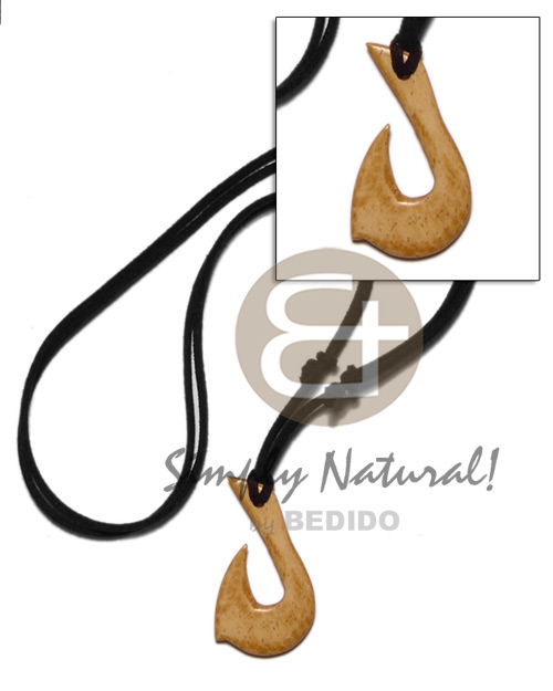 antique natural carabao bone hook 40mm on adjustable leather thong - Bone Necklace Horn Necklace