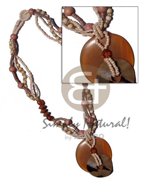 50mm round amber horn & 35mm round  brownlip tiger in 4 rows wo0d beads/glass beads/4-5mm coco pokalet combination/ 18in - Bone Necklace Horn Necklace