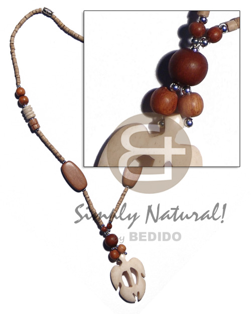turtle shaped carabao bone pendant in 2-3mm coco heishe & wood beads combination - Bone Necklace Horn Necklace
