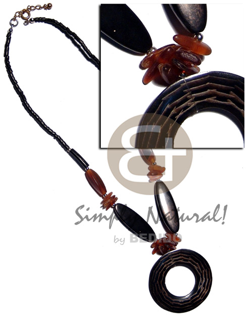 2-3mm coco black heishe  bone and horn beads and 45mm carabao horn ring pendant - Bone Necklace Horn Necklace