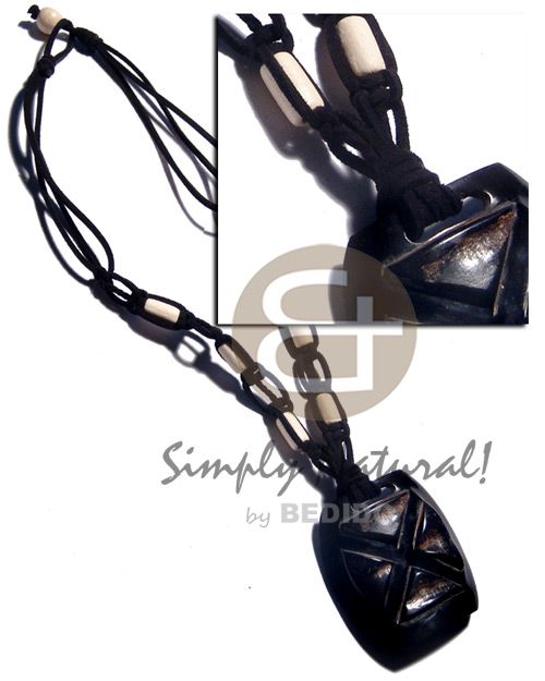 55mmx55mm carabao black horn shield in triple leather thong  bleached nat. white wood accent/ 18in. - Bone Necklace Horn Necklace