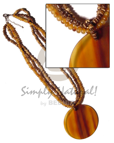 3 layers 2-3mm tiger coco pokalet & amber bone beads  40mm round amber bone pendant - Bone Necklace