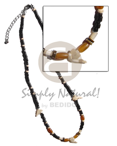 2-3mm  black coco heishe/coco Pokalet. bleach   horn rice beads & shell fetish accent - Bone Necklace