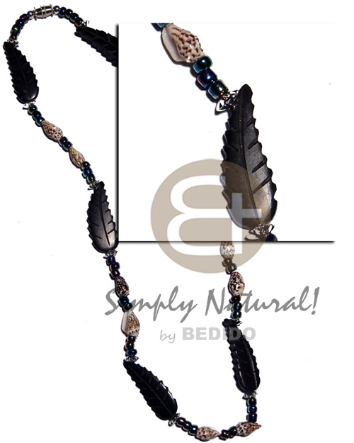 30mmx10mm black horn leave  nassa tiger combination and rainbow beads - Bone Necklace