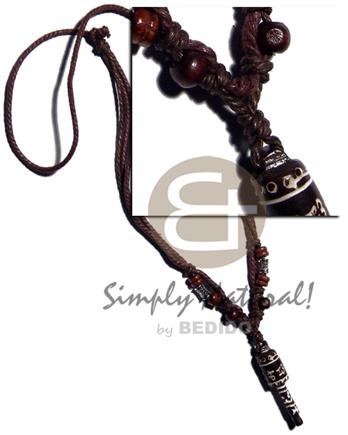tribal carved 40mmx12mm wooden  pendant  coco Pokalet/wood beads accent in double wax cord / 23in. - Bone Necklace