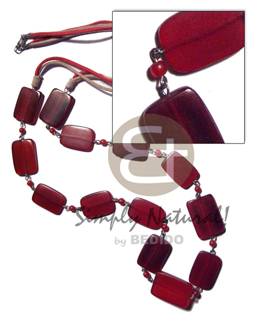 13 pcs. limked 25mmx17mmx4mm rectangular flat dark red horn in 2 rows beige and red leather thong / 36in / lobster lock - Bone Necklace