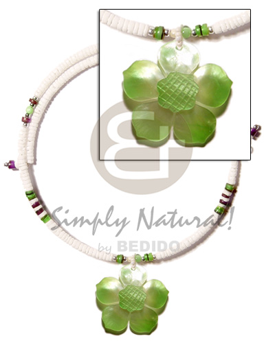 white clam 3-4mm  wire choker  hammershell heishe  accent  45mm lime green hammershell flower  groove nectar  pendant - Bright & Vivid Color Necklace