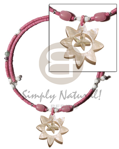 old rose 2-3mm coco heishe wire choker  buri & troca beads accent  45mm star hammershell  dangling inner hammershell star pendant - Bright & Vivid Color Necklace