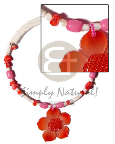 3-4mm white clam wire choker  buri & shells accent and 45mm graduated red hammershell flower pendant - Bright & Vivid Color Necklace
