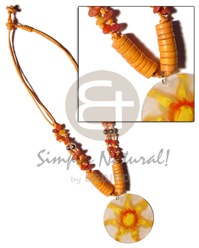 2 layer knotted orange cord  buri & coco pokalet accent  and 40mm  handpainted round capiz pendant - Bright & Vivid Color Necklace