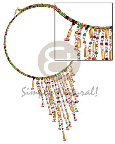 dangling orange/green combination glass beads in choker wire & metal looping - Bright & Vivid Color Necklace
