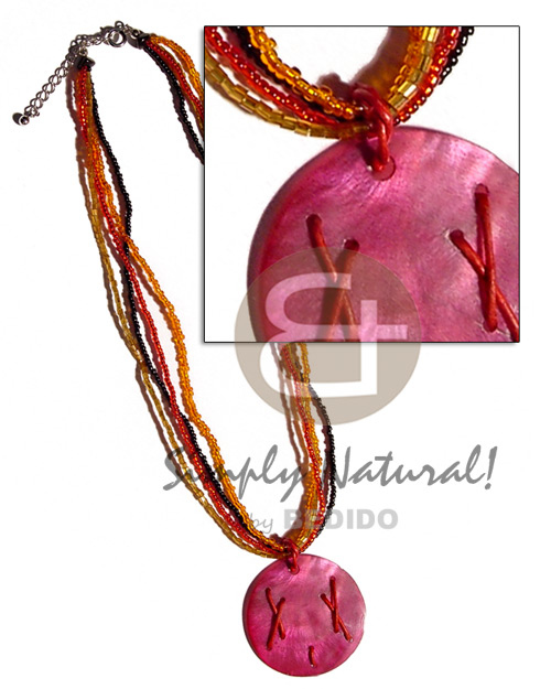 4 layers glass beads  pink round 40mm hammershell pendant  wire accent - Bright & Vivid Color Necklace