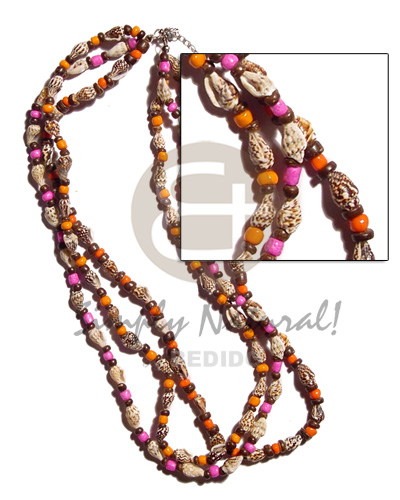 3 layer nassa tiger  2-3mm nat. brown coco Pokalet.  & glass beads combination - Bright & Vivid Color Necklace