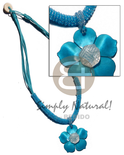 8 layers wax cord & 45mm hammershell flower  grooved nectar / bright blue tones - Bright & Vivid Color Necklace
