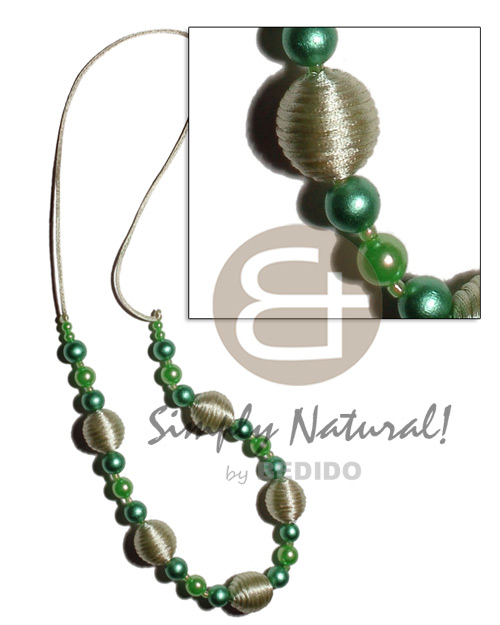 20mm wrapped wood beads  golden wood beads, pearl combination in  green tones on lilac satin cord / 30 in - Bright & Vivid Color Necklace