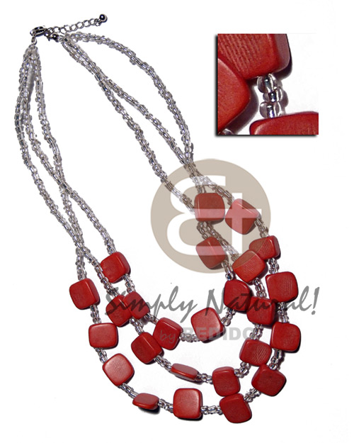 3 graduated rows glass beads  20mmx20mm sliced melon nat. wood in red combination - Bright & Vivid Color Necklace