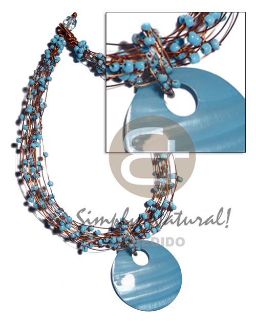 13 rows copper wire choker  aqua blue glass beads & 60mm round kabibe shell in aqua blue pendant - Bright & Vivid Color Necklace