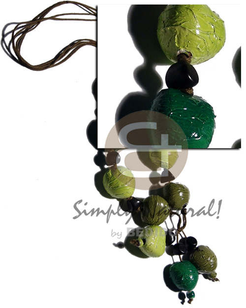 tassled triple wax cord  kukui nuts in crumpled painted paper texture in 3 shades of green tones / 24 in. - Bright & Vivid Color Necklace