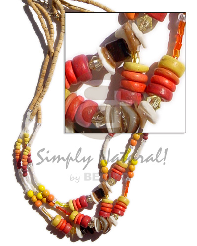 3 rows 2-3mm  coco nat. heishe / 2-3mm & 7-8m coco Pokalet. / sq. cut brownlip  cut beads combination - Bright & Vivid Color Necklace