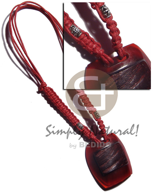 55mmx55mm shield carabao horn in red in 4 layers red wax cord macrame  metal accent/ 26in. - Bright & Vivid Color Necklace