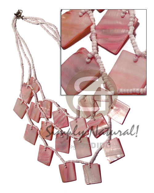 3 graduated rows of pastel pink glass beads ( 17"/17.5"/18" ) dangling and looped 25pcs. of matching 25mm square pastel pink kabibe shells - Bright & Vivid Color Necklace
