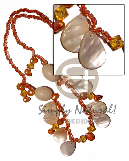 glass beads  acrylic crstals, pearl beads and 25mmx18mm dangling 8 pcs. kabibe shells / orange tones / 26 in - Bright & Vivid Color Necklace