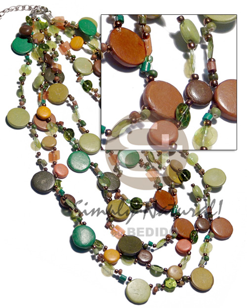 4 graduated rows (20in/18in/16in/13in) of10mm & 15mm coco sidedrill,  2-3mm coco Pokalet. & heishe and sequins accent / in tones of green,orange,olive green and rust / 20in - Bright & Vivid Color Necklace