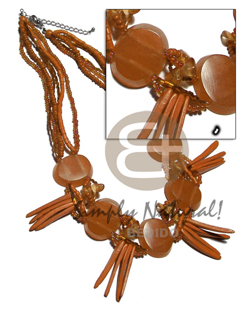 6 layers 2-3mm coco Pokalet and heishe, glass and cut beads  5 pcs. 30mmx25mm clear oval resin ( 7mm thickness) and 1.5in coco sticks accent / dark orange tones /  18 in. - Bright & Vivid Color Necklace
