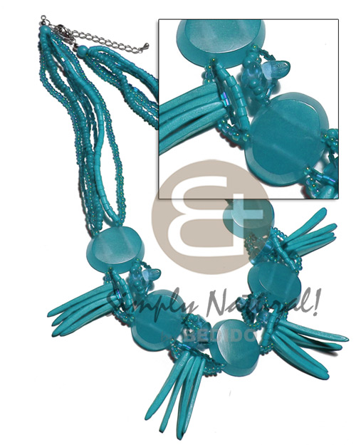 6 layers 2-3mm coco Pokalet and heishe, glass and cut beads  5 pcs. 30mmx25mm clear oval resin ( 7mm thickness) and 1.5in coco sticks accent / aqua tones /  18 in. - Bright & Vivid Color Necklace