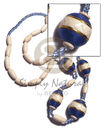 nat. white wood capsules  oval wood beads 25x18mm wraped in thread and banig combination / navy blue and gold tones / 28in - Bright & Vivid Color Necklace