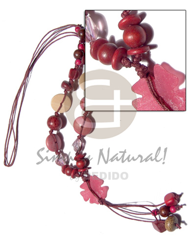 asstd. 20mm wood beads  tassled 30mm pink hammershell flower / pink and old rose tones / 28in plus 3 in. tassles - Bright & Vivid Color Necklace