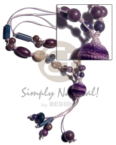 2 layers knotted wax cord  asstd.  wood beads and 20mm tassled wrapped wood beads / violet and dark blue tones / 28mm plus 3in. tassles - Bright & Vivid Color Necklace