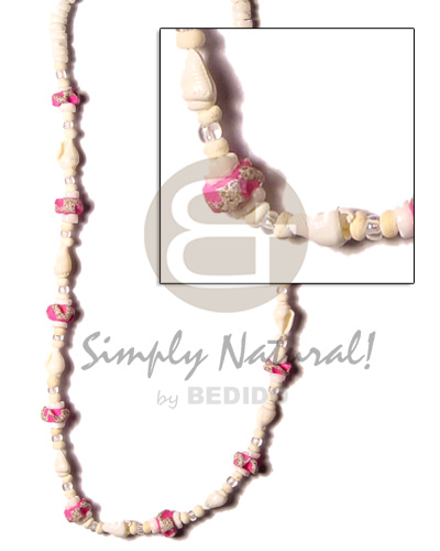 2-3 coco pokalet bleach  pink splashing coco flower and nassa white/beads - Bright & Vivid Color Necklace