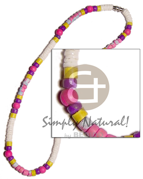 4-5mm white clam  coco splashing , pink wood beads, yelloviolet 4-5mm coco heishe combination - Bright & Vivid Color Necklace