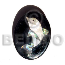 inlaid pawa dolphin brooch  oval black tab and resin - Brooch