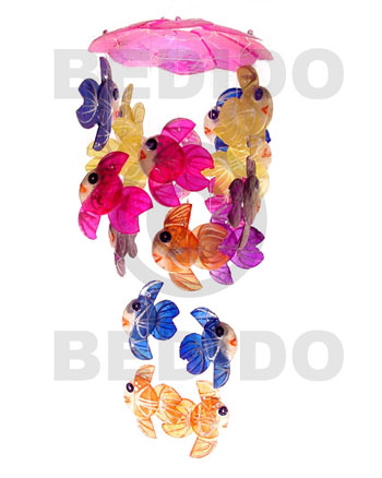 mini umbrella pink base  micro mini fish, multicolor wind chime / ewc00991 - Capiz Shell Wind Chimes