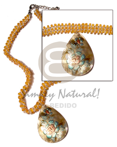 clear & orange glass beads flat choker  45mm teardrop handpainted blacklip pendant - Choker Necklace